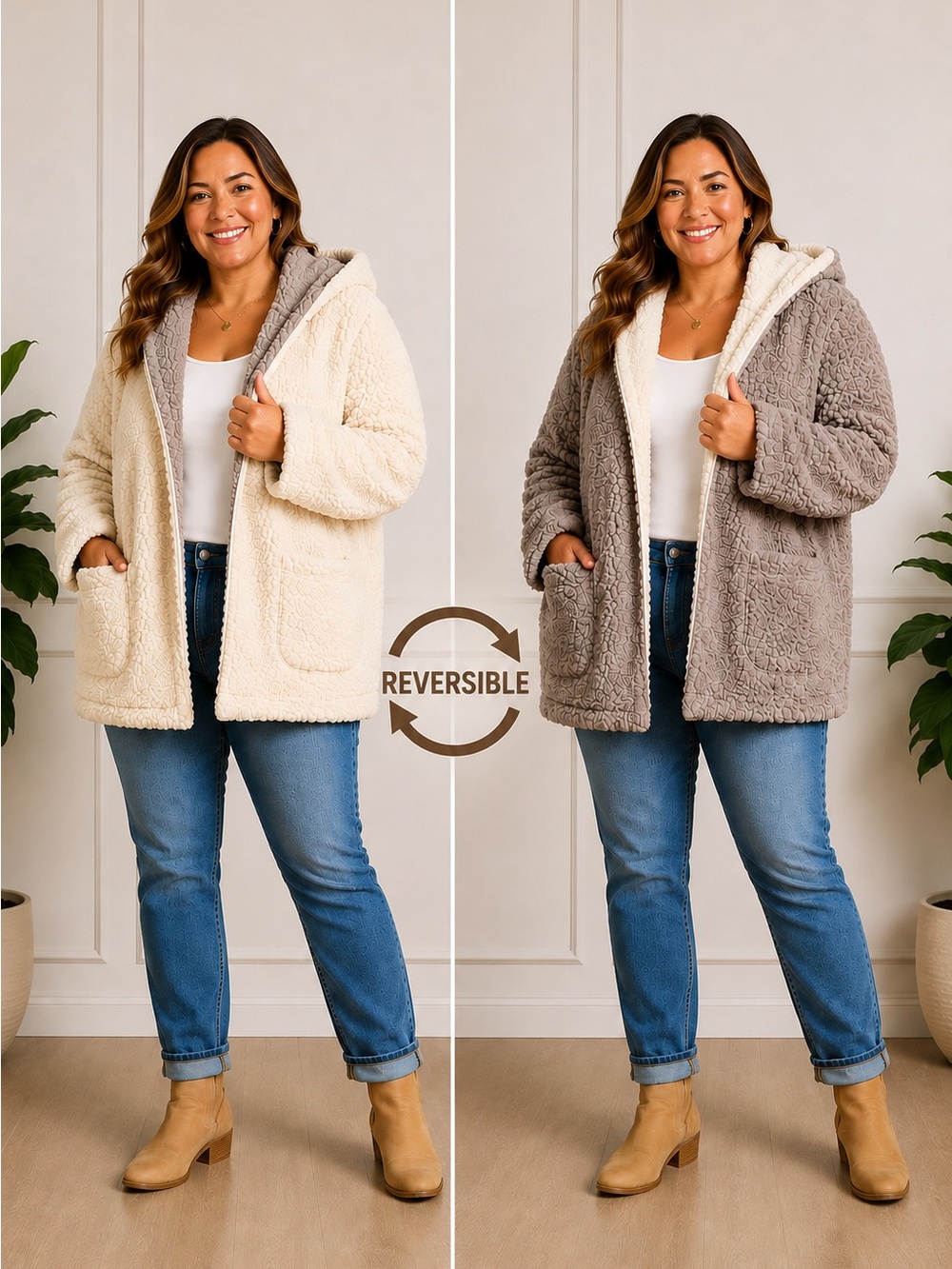 Sweet Rain Reversible Jacket Size XL Cream Sherpa Teddy Hooded Cozy Fleece NWT